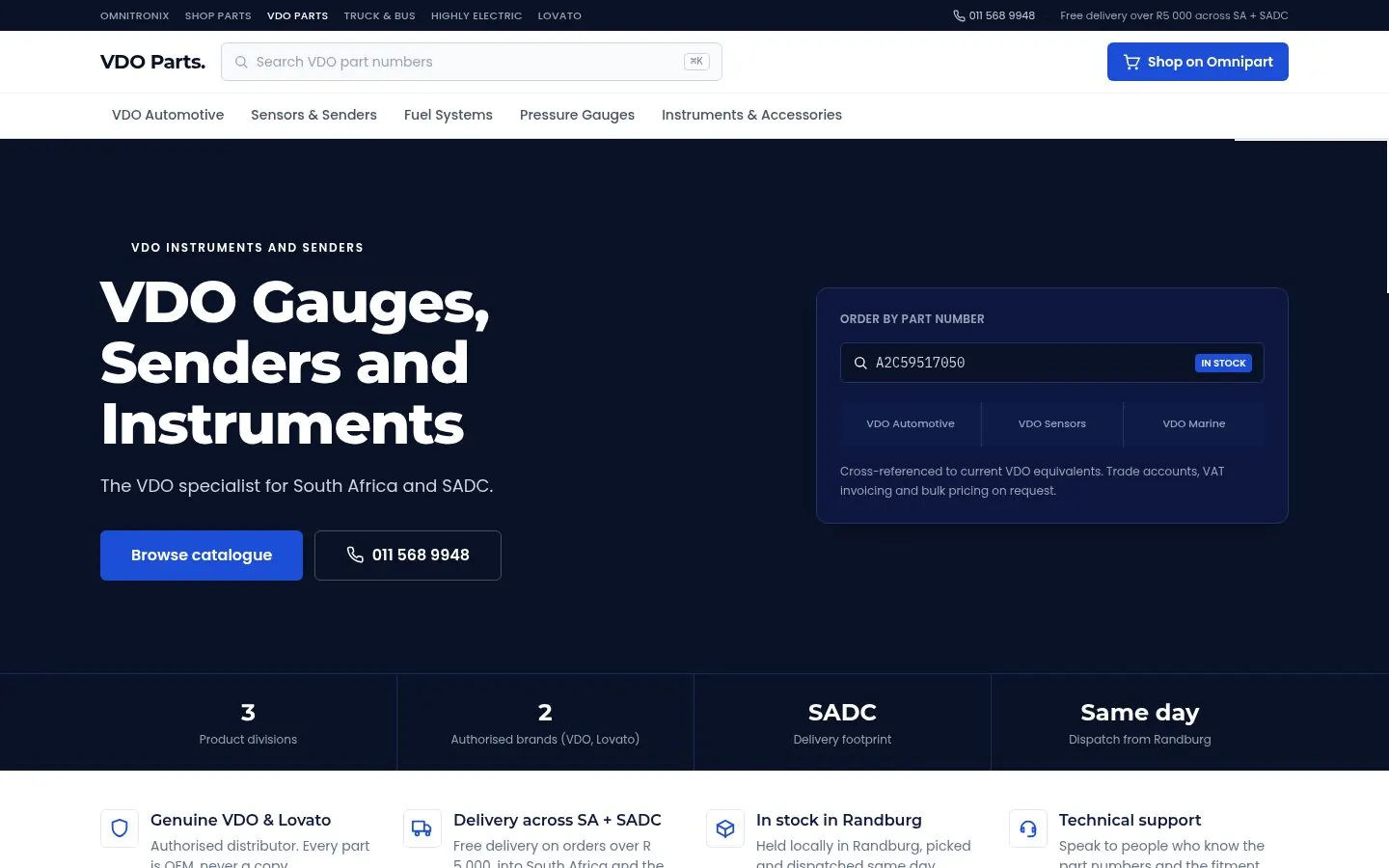 The VDO Parts home page